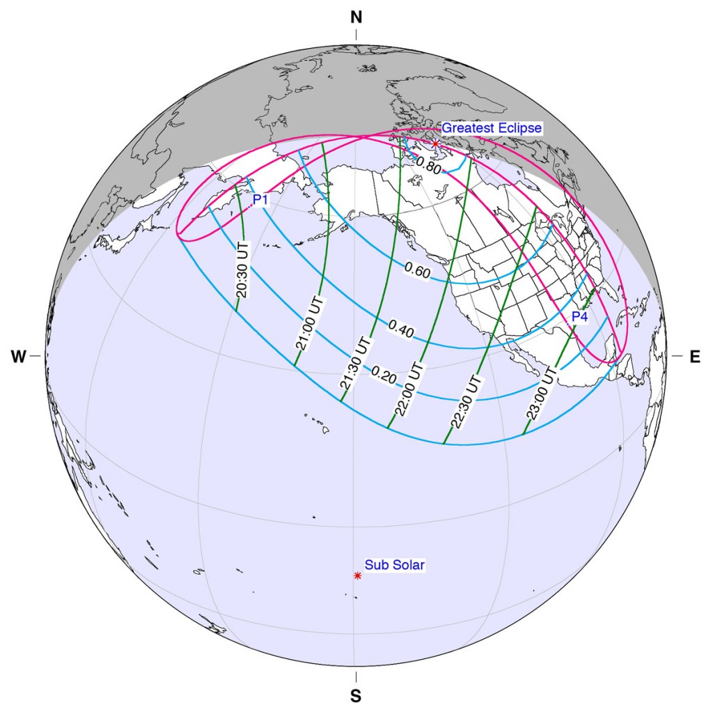 A map of the partial solar eclipse over North America. Image: Fred Espenak/NASA GSFC/eclipse.gsfc.nasa.gov