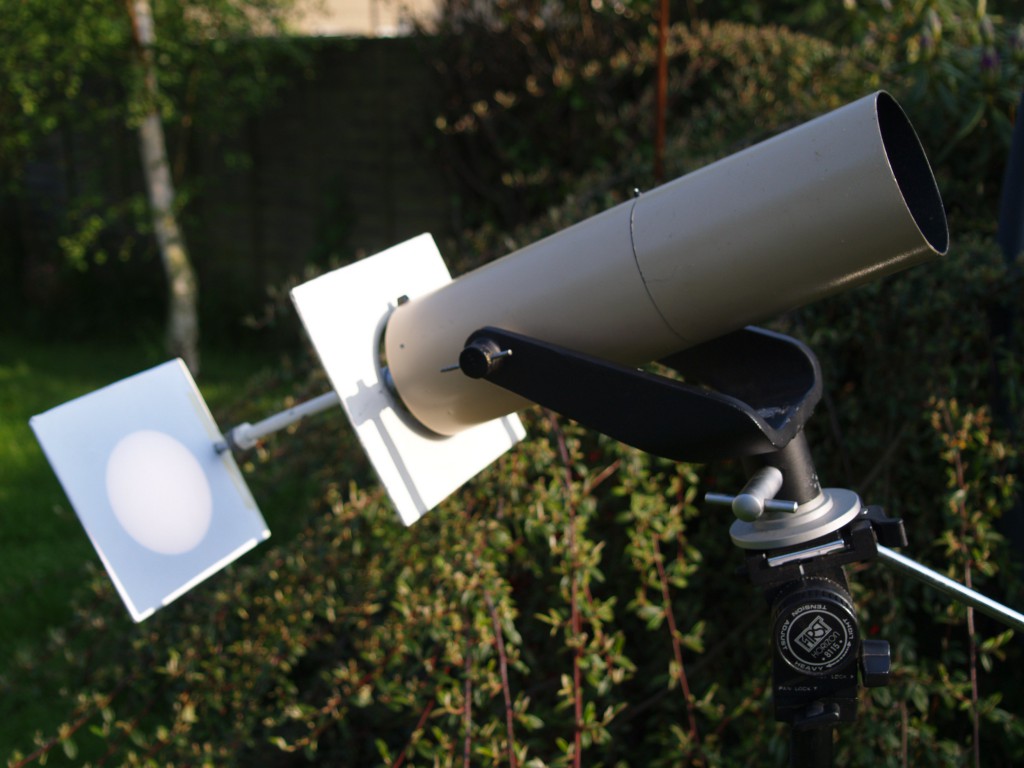 Viewing the Sun by projecting its image through a telescope onto card is the safest way to see the eclipse. Image: Steve Ringwood.