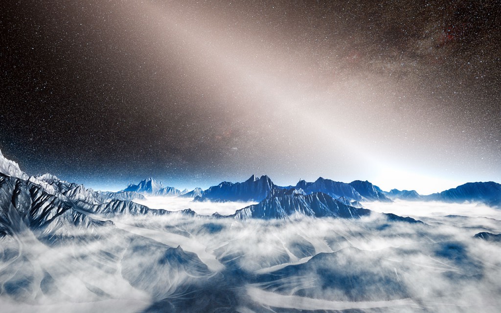 This artist’s view from an imagined planet around a nearby star shows the brilliant glow of exozodiacal light extending up into the sky and swamping the Milky Way. Image: ESO/L. Calçada.