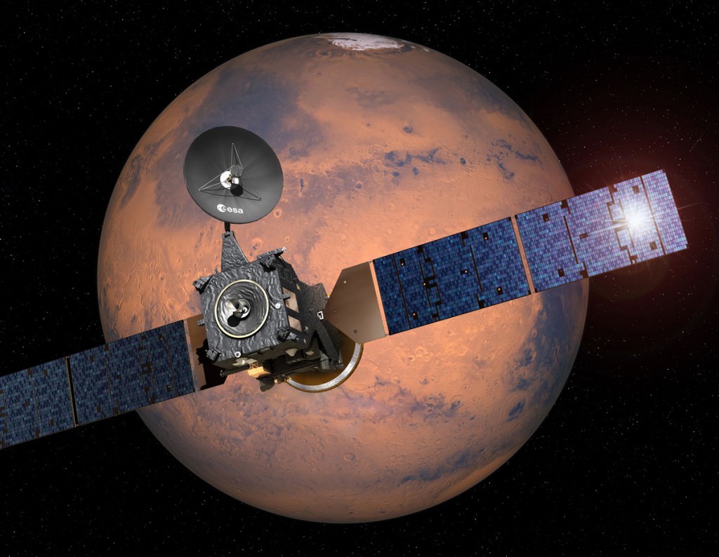 Artist’s impression of the ExoMars 2016 Trace Gas Orbiter and Schiaparelli lander arriving at Mars. Image: ESA.