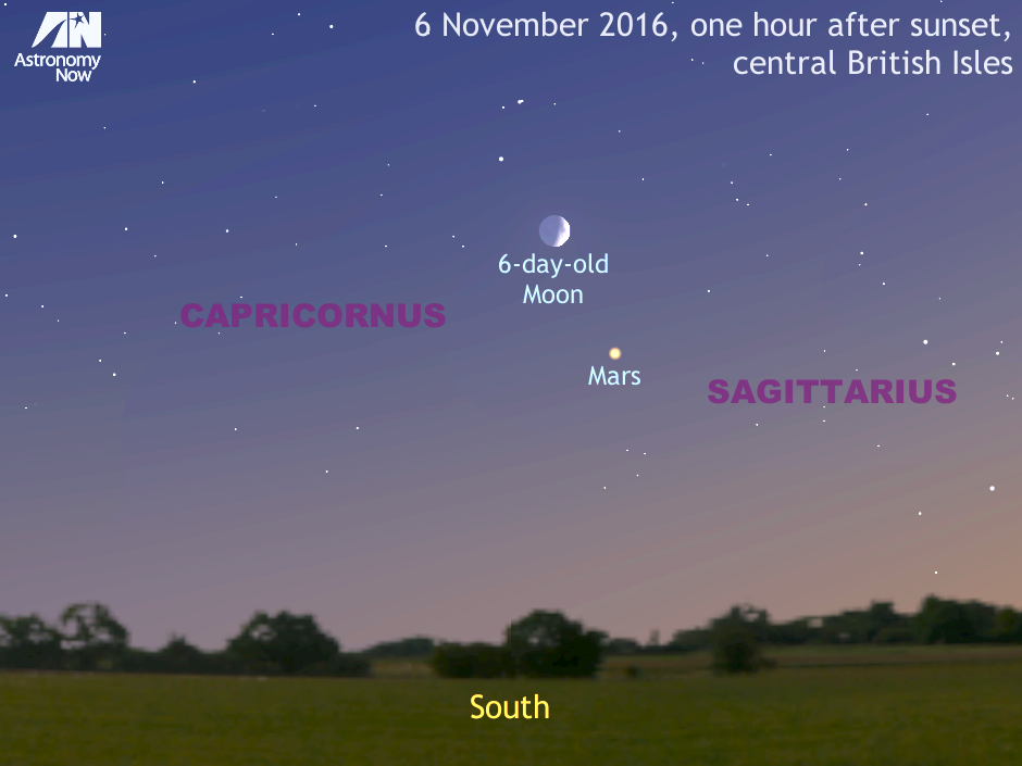See the crescent Moon meet Mars in the evening sky of 6 November